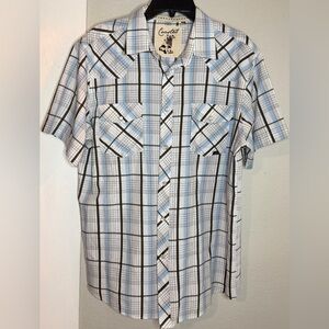 Coastal White Blue Plaid Western  short sleeve Pearl Snap shirt Men XL